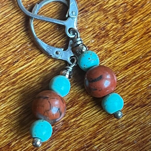 Red Jasper & Turquoise Stone Dangle Earrings, Minimalist Gemstone Small Earrings - Picture 5 of 6